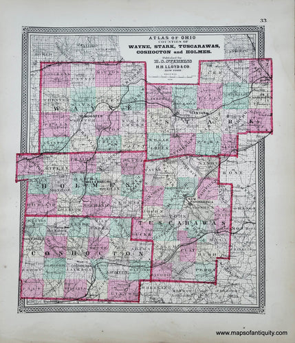 Genuine-Antique-Hand-colored-Map-Atlas-of-Ohio-Counties-of-Wayne-Stark-Tuscarawas-Coshocton-and-Holmes-1868-Stebbins-Lloyd-Maps-Of-Antiquity