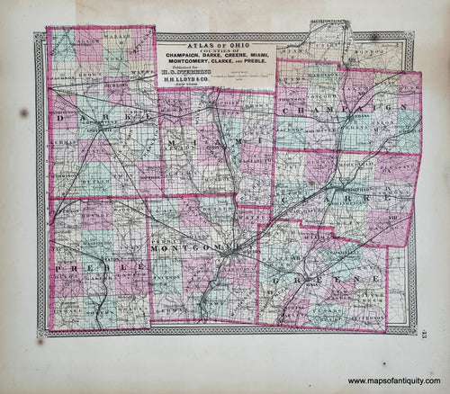 Genuine-Antique-Hand-colored-Map-Atlas-of-Ohio-Counties-of-Champaign-Darke-Greene-Miami-Montgomery-Clarke-and-Preble--1868-Stebbins-Lloyd-Maps-Of-Antiquity