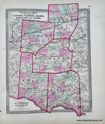 Genuine-Antique-Hand-colored-Map-Atlas-of-Ohio-Counties-of-Fayette-Clinton-Brown-Highland-and-Adams-1868-Stebbins-Lloyd-Maps-Of-Antiquity