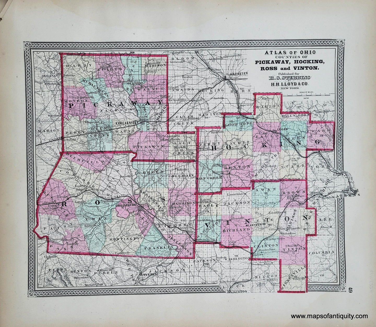 Genuine-Antique-Hand-colored-Map-Atlas-of-Ohio-Counties-of-Pickaway-Hocking-Ross-and-Vinton-1868-Stebbins-Lloyd-Maps-Of-Antiquity