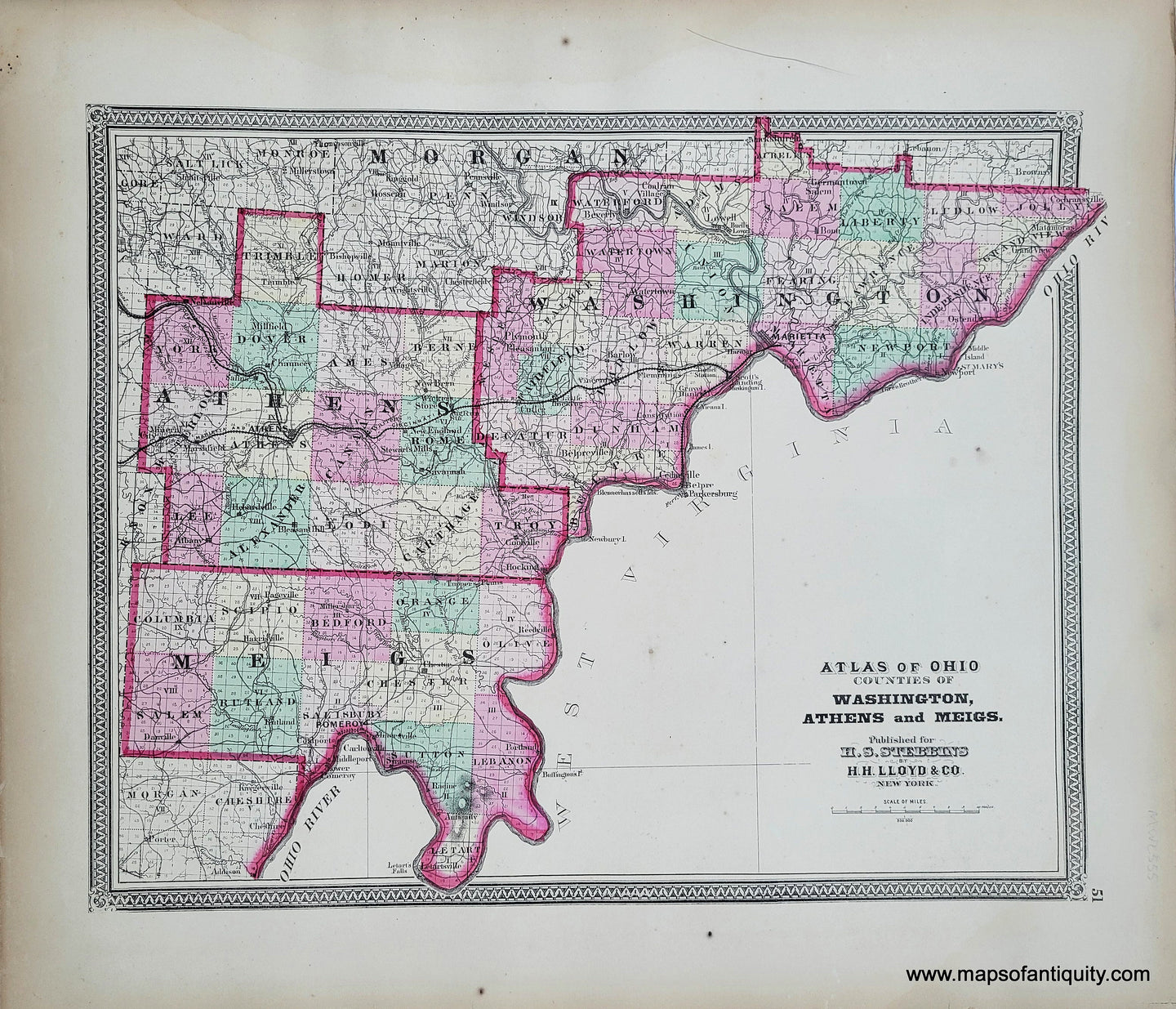 Genuine-Antique-Hand-colored-Map-Atlas-of-Ohio-Counties-of-Washington-Athens-and-Meigs-1868-Stebbins-Lloyd-Maps-Of-Antiquity