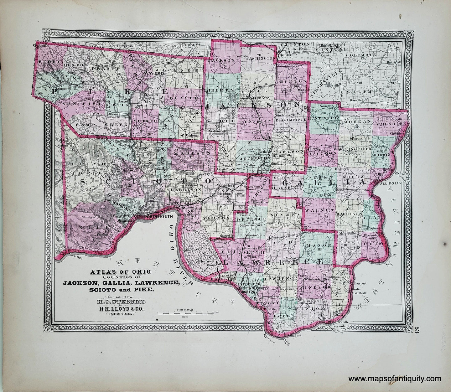 Genuine-Antique-Hand-colored-Map-Atlas-of-Ohio-Counties-of-Jackson-Gallia-Lawrence-Scioto-and-Pike-1868-Stebbins-Lloyd-Maps-Of-Antiquity