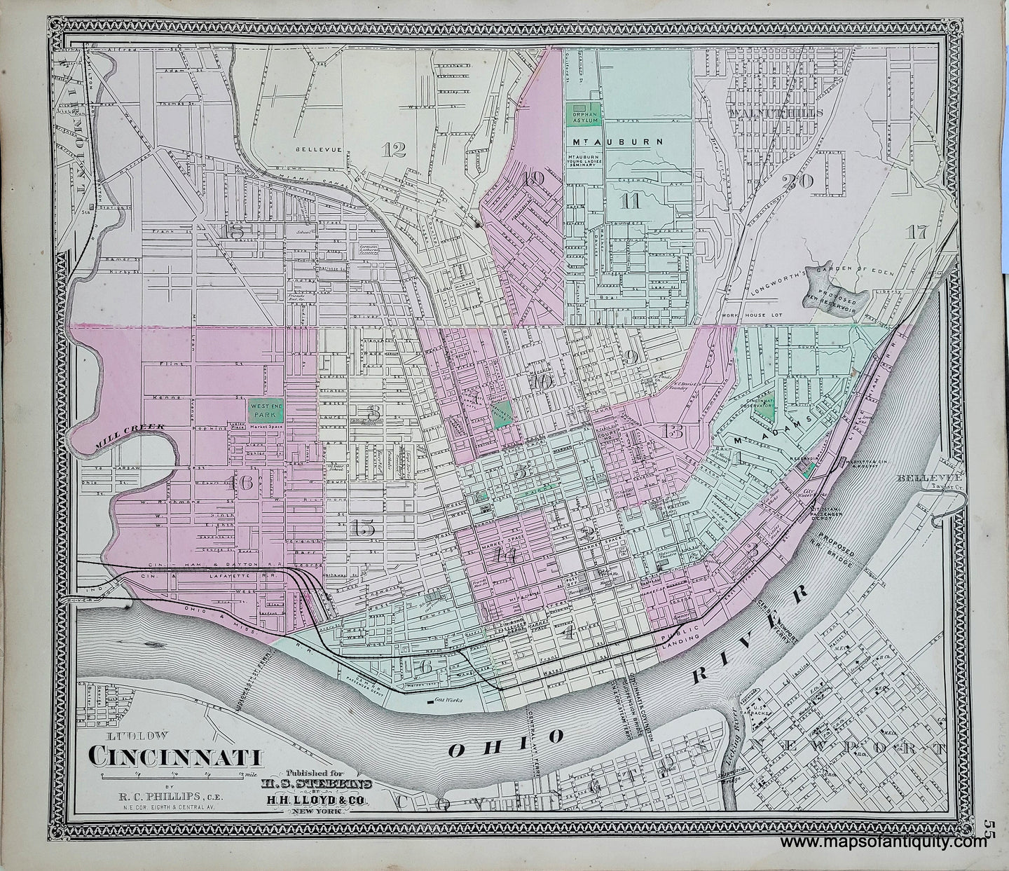 Genuine-Antique-Hand-colored-Map-Cincinnati-1868-Stebbins-Lloyd-Maps-Of-Antiquity
