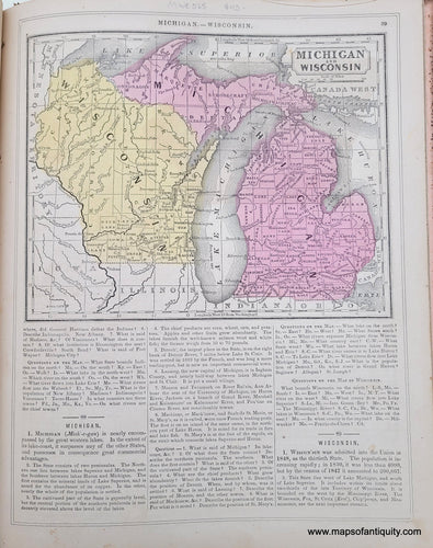 Genuine-Antique-Hand-Colored-Map-Double-sided-page-Michigan-and-Wisconsin-verso-Illinois-Missouri-and-Iowa-1850-Mitchell-Thomas-Cowperthwait-Co--Maps-Of-Antiquity