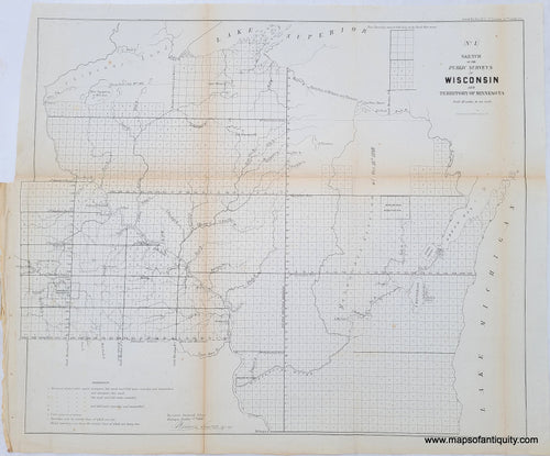 Sketch of the Public Surveys in Wisconsin and Territory of Minnesota. Antique uncolored map of the surveys of Wisconsin and Minnesota, published by the US Government in 1856. Shows Native American Indian lands and reservations, rivers, lakes, the cities of Mankato and St Paul when they were just settlements, etc.  