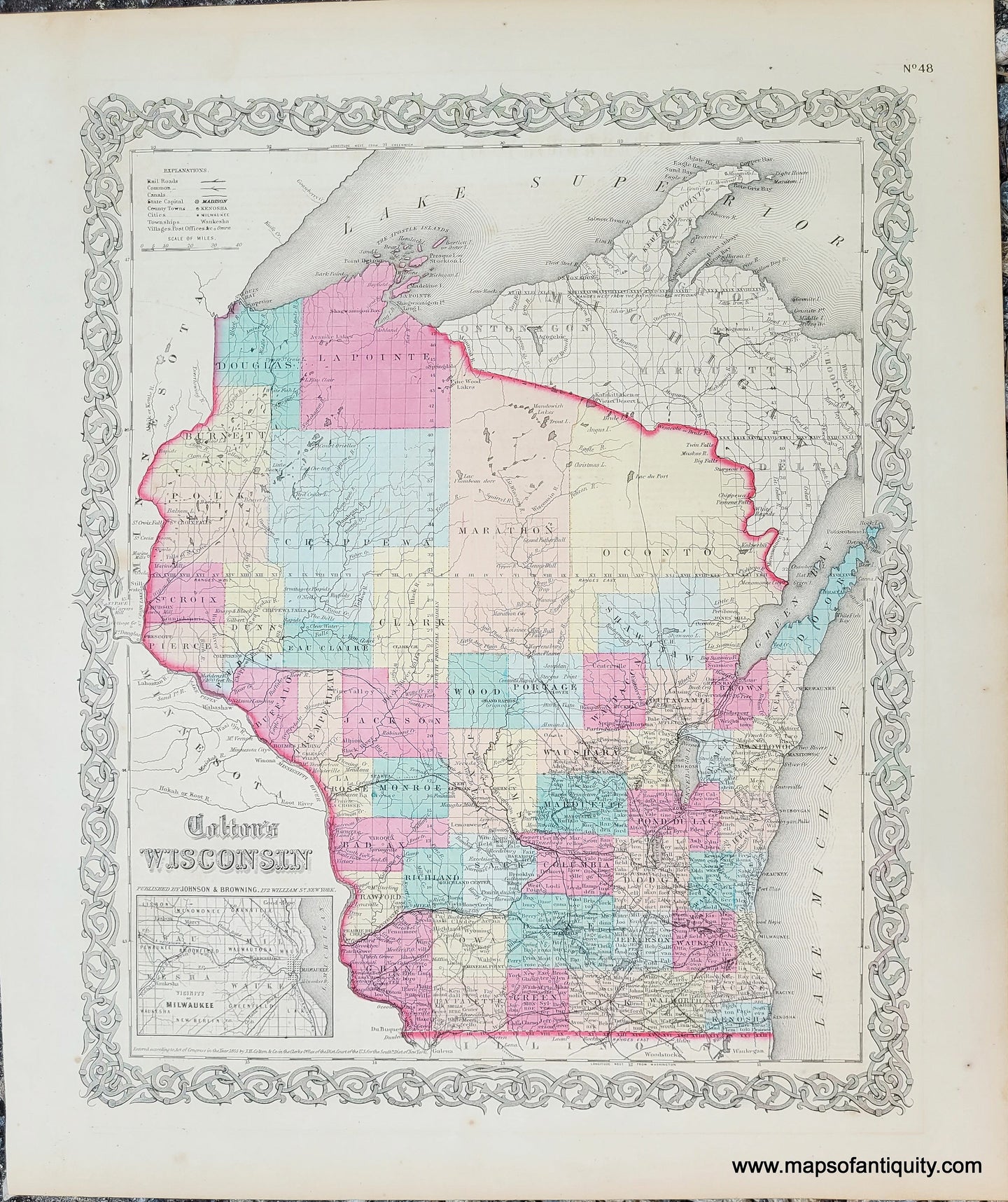 Genuine-Antique-Map-Coltons-Wisconsin-1859-Colton-Maps-Of-Antiquity