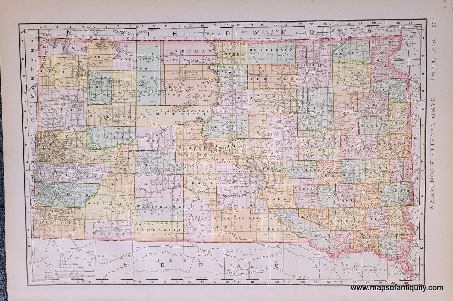 Genuine-Antique-Map-South-Dakota-South-Dakota--1898-Rand-McNally-Maps-Of-Antiquity-1800s-19th-century