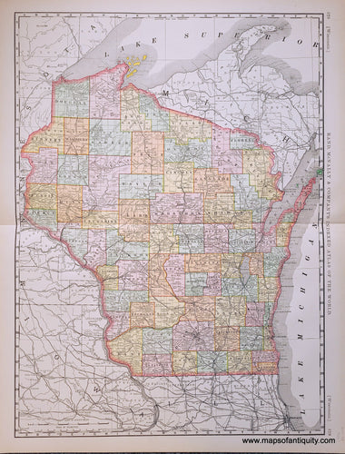 Genuine-Antique-Map-Wisconsin-Wisconsin--1898-Rand-McNally-Maps-Of-Antiquity-1800s-19th-century