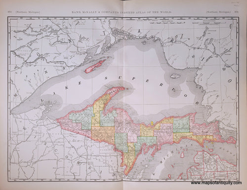 Genuine-Antique-Map-Northern-Michigan-Michigan--1898-Rand-McNally-Maps-Of-Antiquity-1800s-19th-century