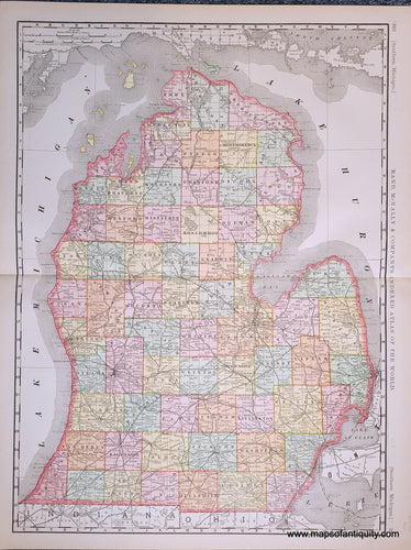 Genuine-Antique-Map-Michigan-Michigan--1898-Rand-McNally-Maps-Of-Antiquity-1800s-19th-century