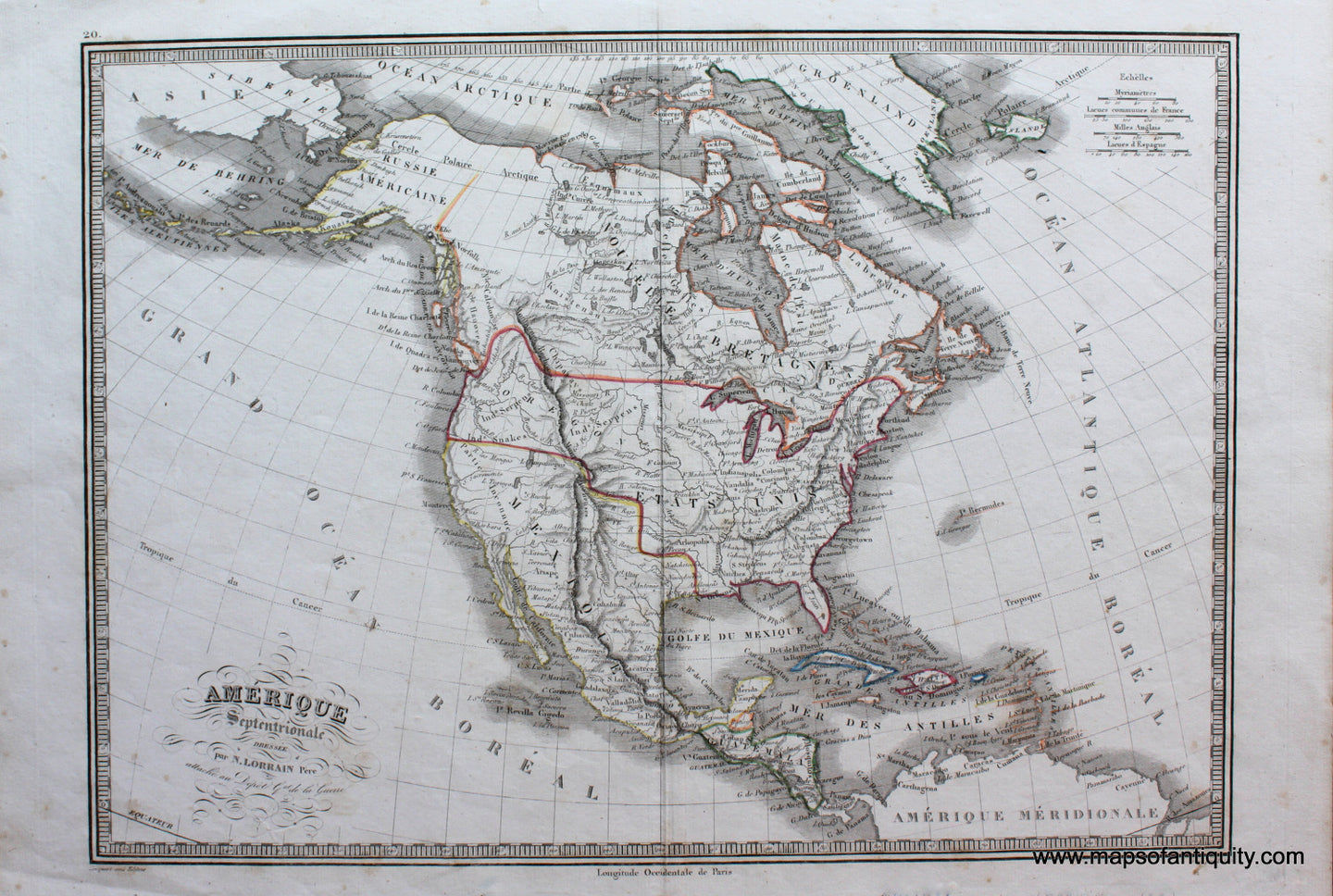Antique-Hand-Colored-Map-Amerique-Septentionale-North-America-in-1837-**********-North-America-North-America-General-1837-N.-Lorrain-Maps-Of-Antiquity