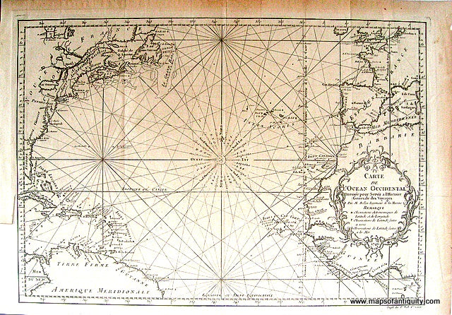 Black-and-White-Engraved-Antique--Nautical-Chart-Carte-de-L'Ocean-Occidental-Dressee-put-Servir-a-l'Histoire-Generale-des-Voyages-par-M.-Bellin-Ingenieur-de-la-Marine-Remarque-Observations-Astronomiques-de-latitude-et-de-Longitude**********--North-America-North-America-General-1746-Bellin-Maps-Of-Antiquity