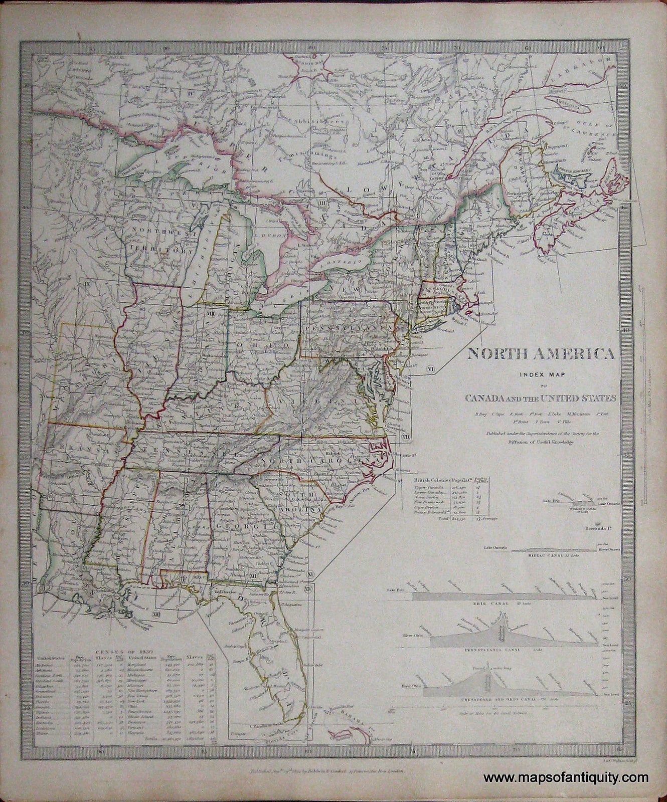 Antique-Hand-Colored-Map-North-America-Index-Map-of-Canada-and-the-United-States-North-America-United-States-General---1840/1844-SDUK/Society-for-the-Diffusion-of-Useful-Knowledge-Maps-Of-Antiquity