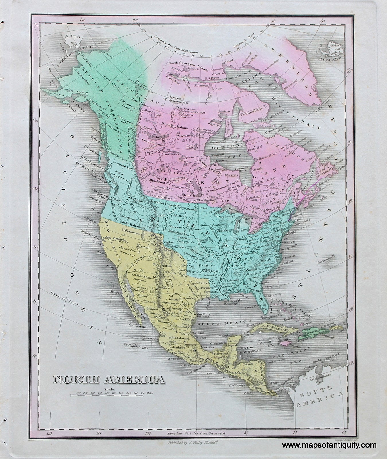 Antique-Hand-Colored-Map-North-America.-North-America-North-America-General-1827-Anthony-Finley-Maps-Of-Antiquity