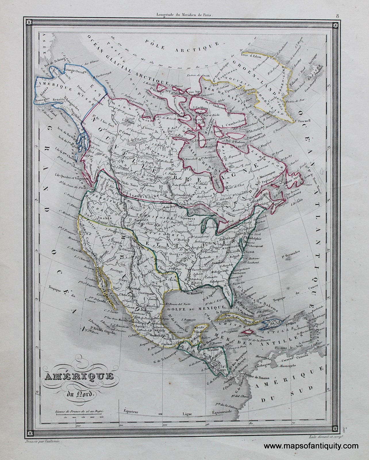 Antique-Hand-Colored-Map-Amerique-du-Nord.-**********-North-America-North-America-General-1830-Vuillemin-Maps-Of-Antiquity