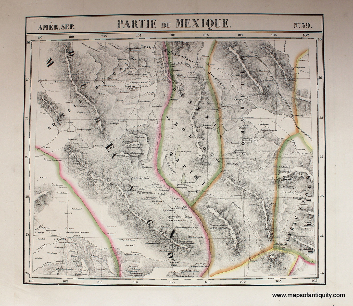 Antique-Hand-Colored-Map-Amerique-Septentrionale-No.-59-Partie-du-Mexique-North-America-Mexico-1827-Vandermaelen-Maps-Of-Antiquity