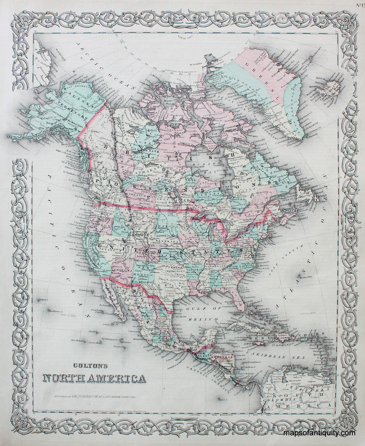 Antique-Hand-Colored-Map-Colton's-North-America-North-America-General--c.-1865-Colton-Maps-Of-Antiquity