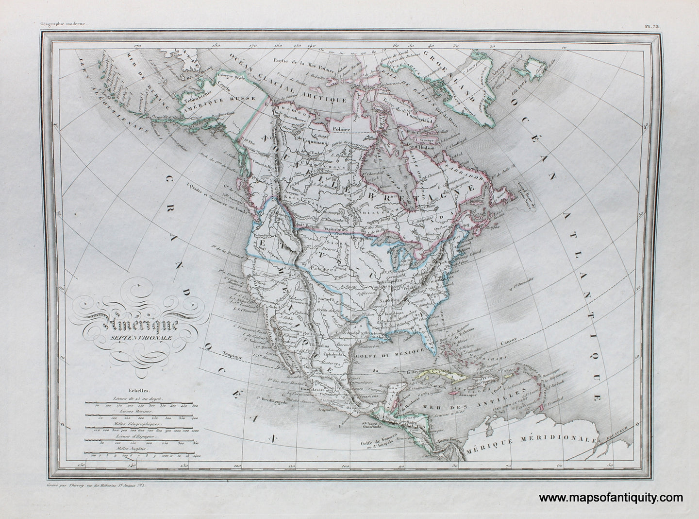 Antique-Hand-Colored-Map-Amerique-Septentrionale.-North-America-General--1842-Malte-Brun-Maps-Of-Antiquity