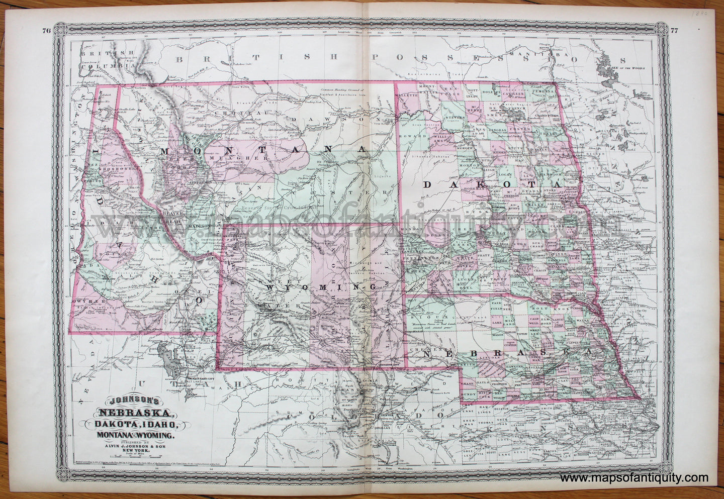Antique-Map-Nebraska-Dakota-Idaho-Montana-and-Wyoming-Johnson-1880-1800s-19th-century-Maps-of-Antiquity