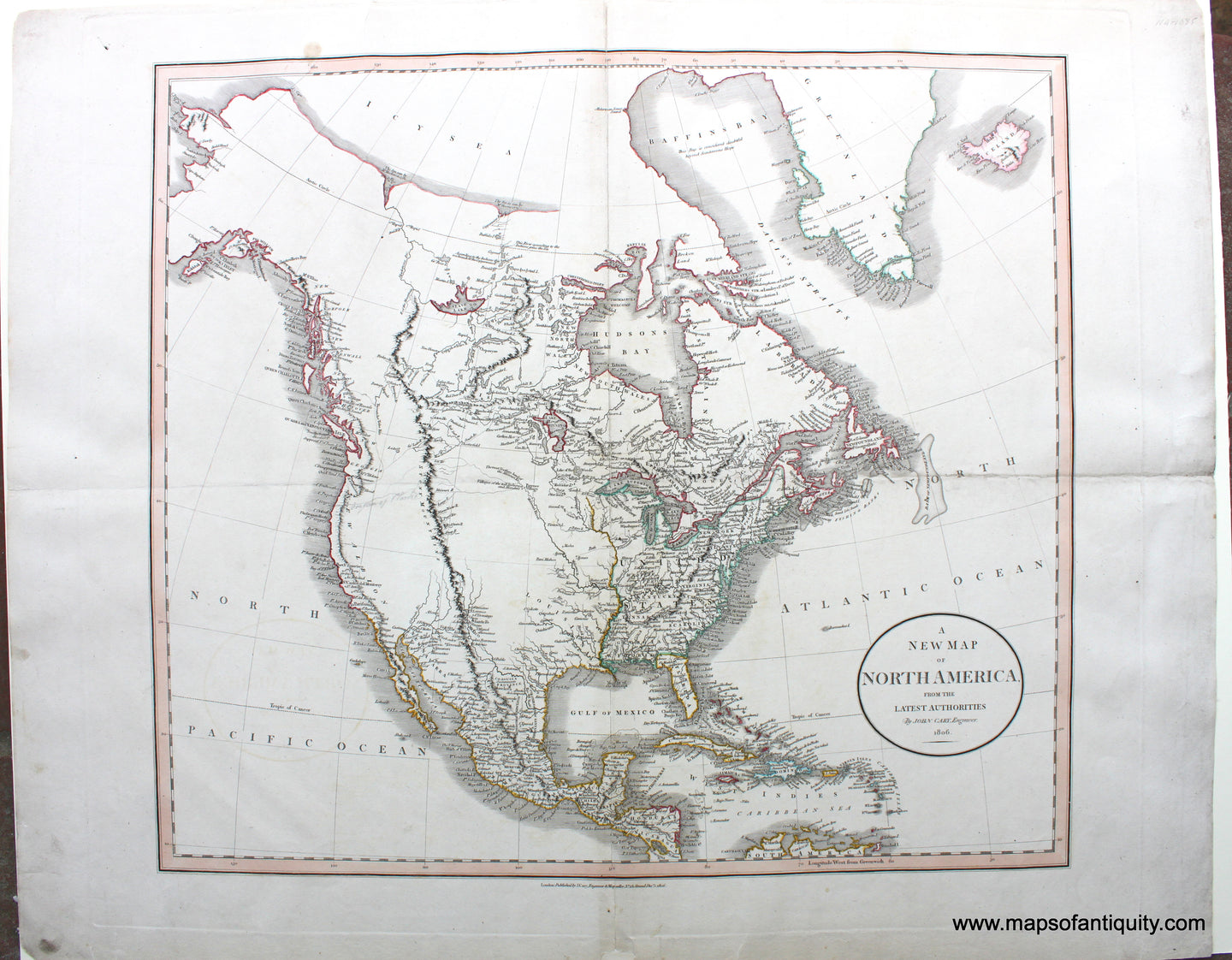 Antique-Engraved-Map-with-Outline-Color-A-New-Map-of-North-America-from-the-Latest-Authorities-**********-North-America--1806-John-Cary-Maps-Of-Antiquity