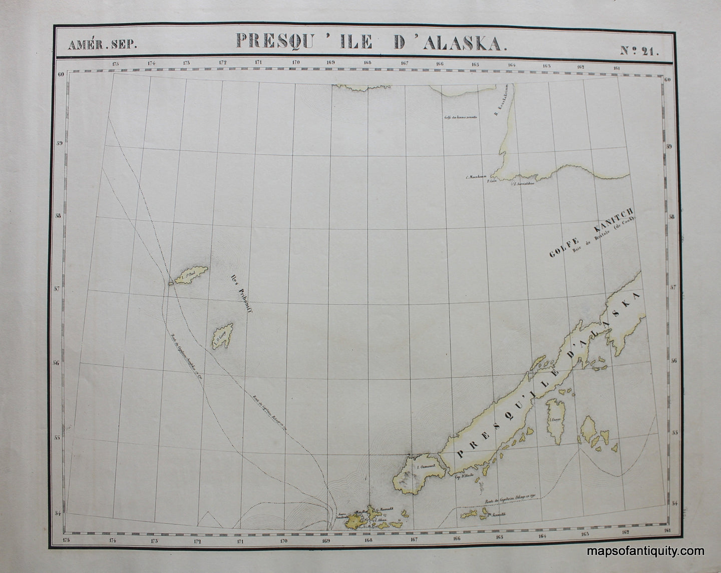 Antique-Hand-Colored-Map-Amer.-Sep.-No.-21-Presqu'Ile-d'Alaska-North-America--1827-Vandermaelen-Maps-Of-Antiquity
