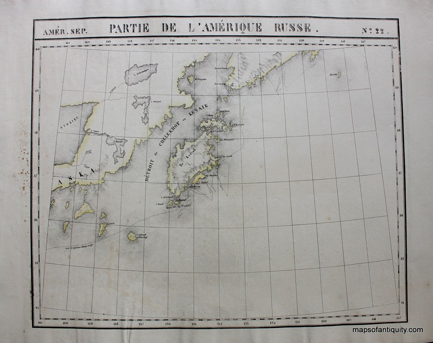 Antique-Hand-Colored-Map-Amer.-Sep.-No.-22-Partie-de-l'Amerique-Russe.-******-North-America--1827-Vandermaelen-Maps-Of-Antiquity