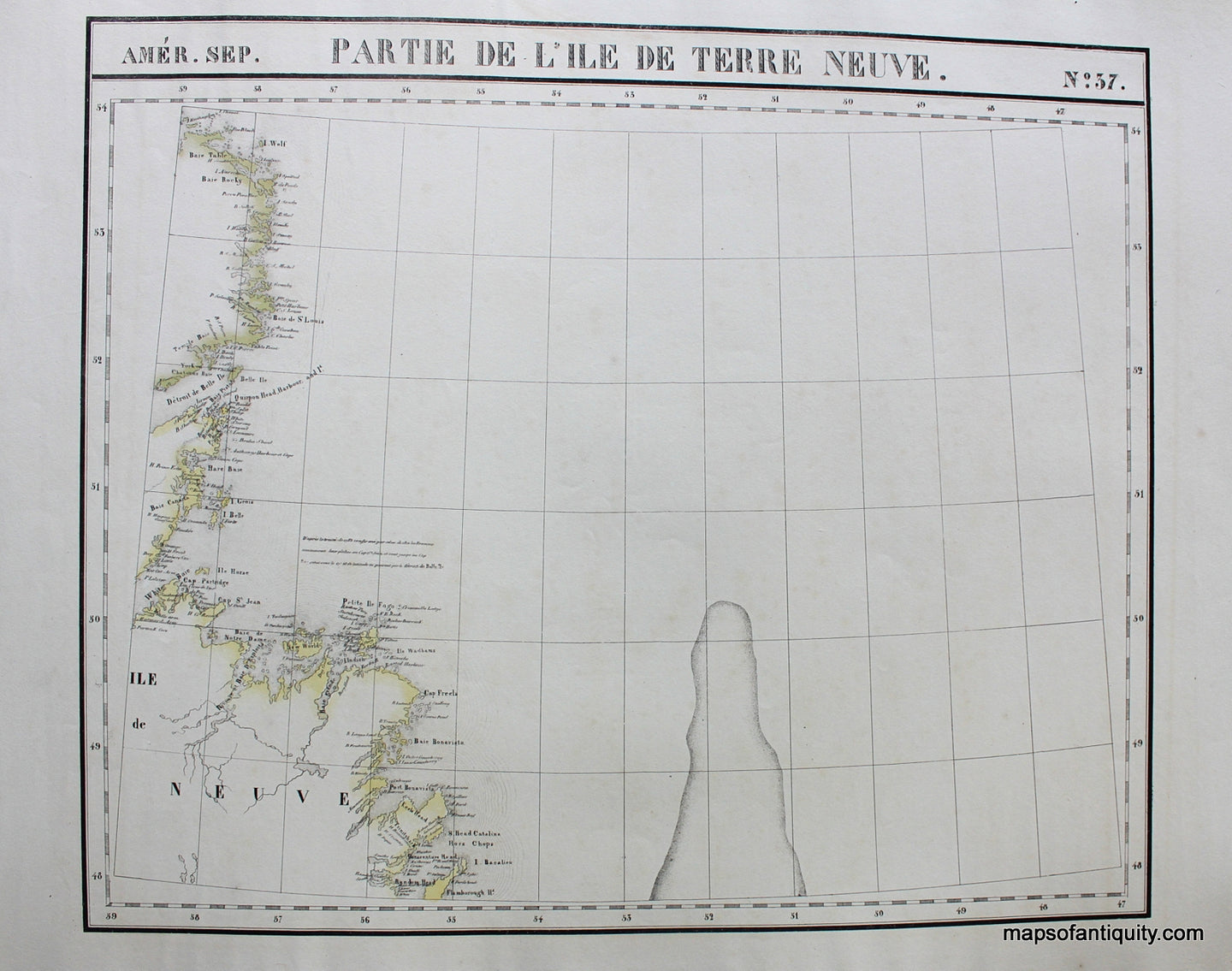 Antique-Hand-Colored-Map-Amer.-Sep.-No.-37-Partie-de-l'Ile-de-Terre-Neuve-North-America--1827-Vandermaelen-Maps-Of-Antiquity