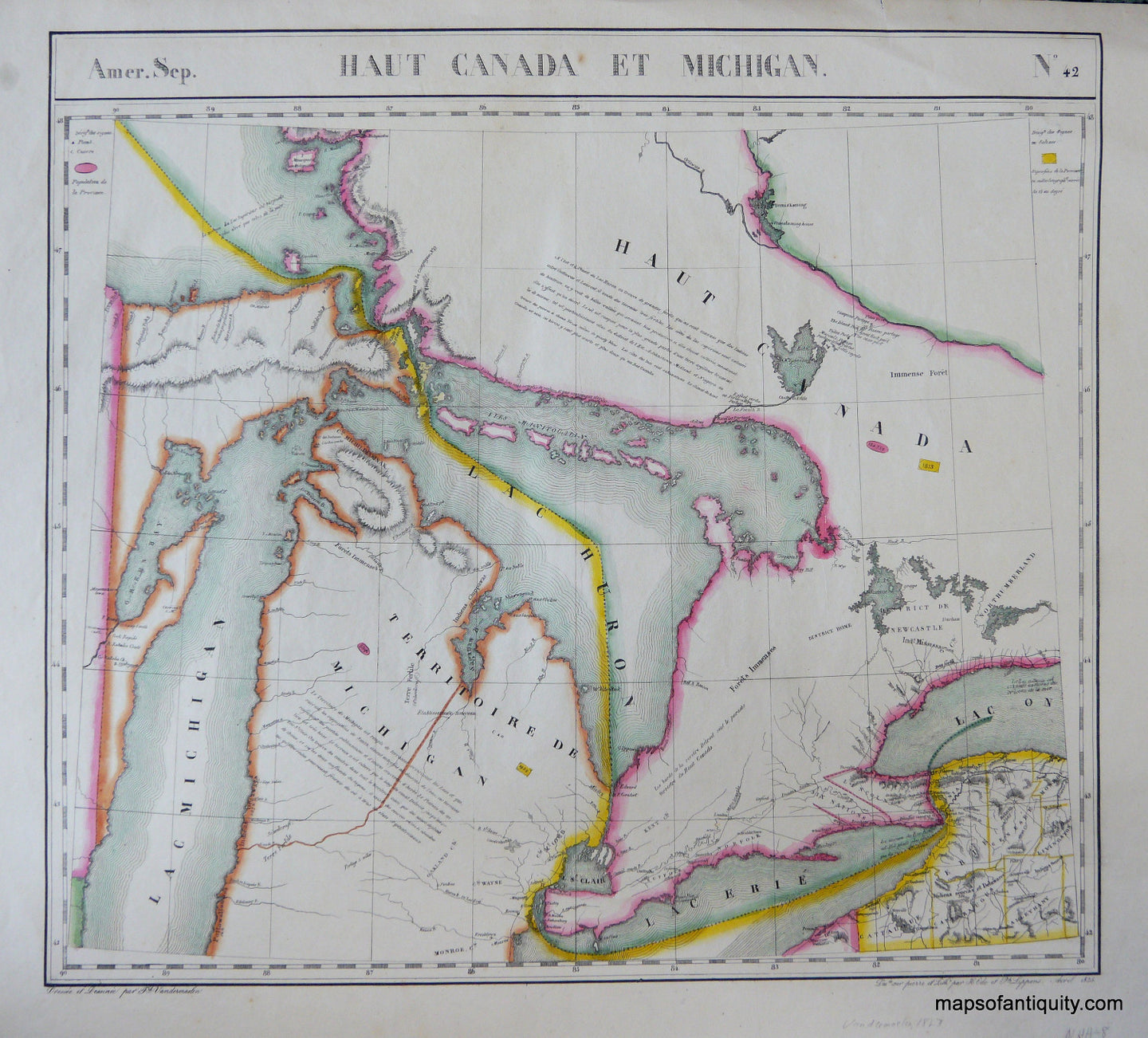 Antique-Hand-Colored-Map-Amer.-Sep.-No.-42-Haut-Canada-et-Michigan-****-North-America--1827-Vandermaelen-Maps-Of-Antiquity