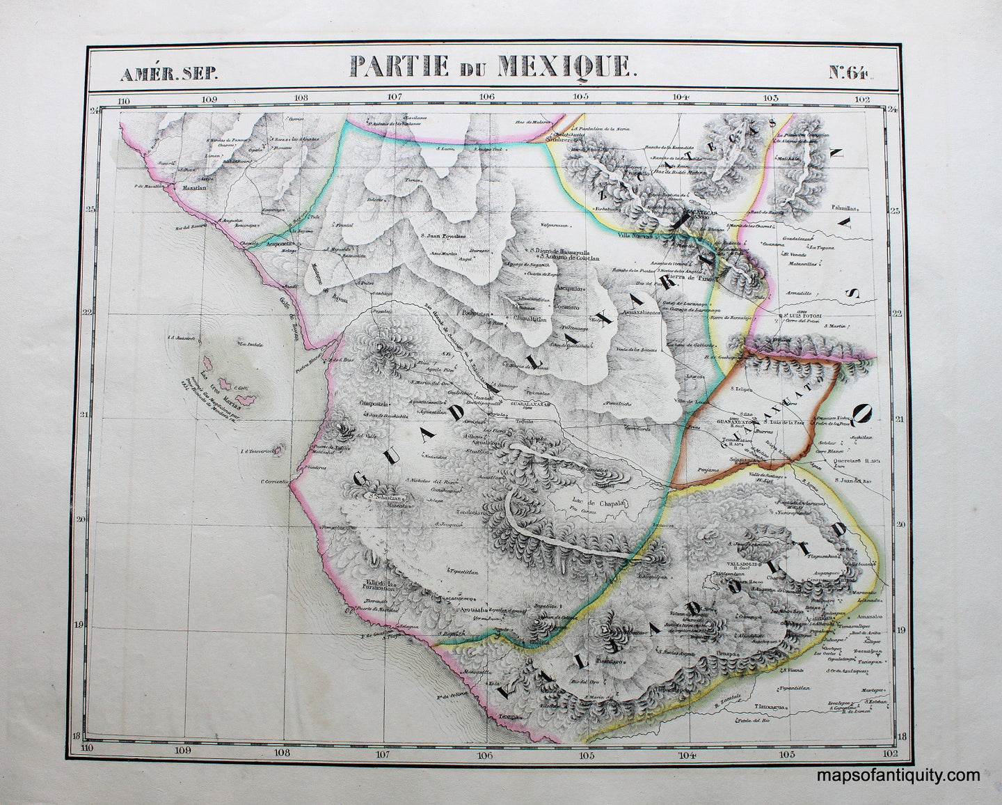 Antique-Hand-Colored-Map-Amer.-Sep.-No.-64-Partie-du-Mexique-North-America--1827-Vandermaelen-Maps-Of-Antiquity