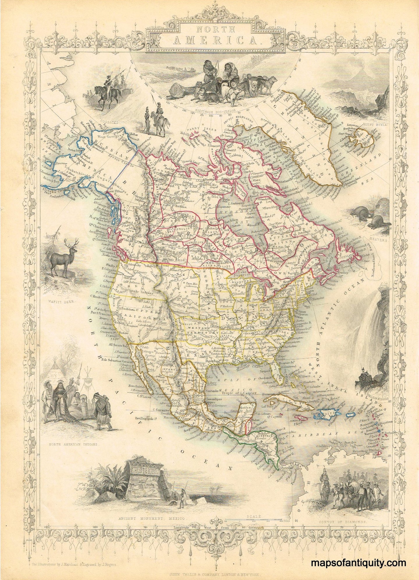 Antique-Black-and-White-Map-with-Outline-Color-North-America**********-North-America-North-America-General-1851-Tallis-Maps-Of-Antiquity