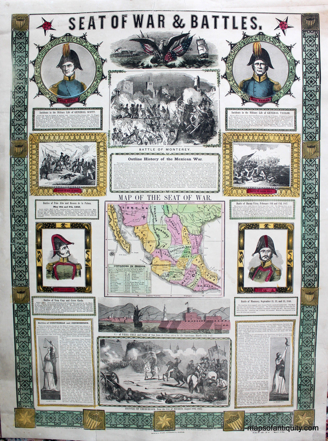Antique-Hand-Colored-Map-Seat-of-War-&-Battles-North-America--1847-Ensign-&-Thayer-Maps-Of-Antiquity