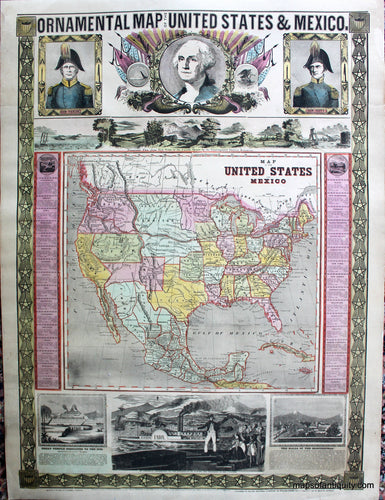 Antique-Hand-Colored-Map-Ornamental-Map-of-the-United-States-&-Mexico-North-America--1848-Ensign-&-Thayer-Maps-Of-Antiquity