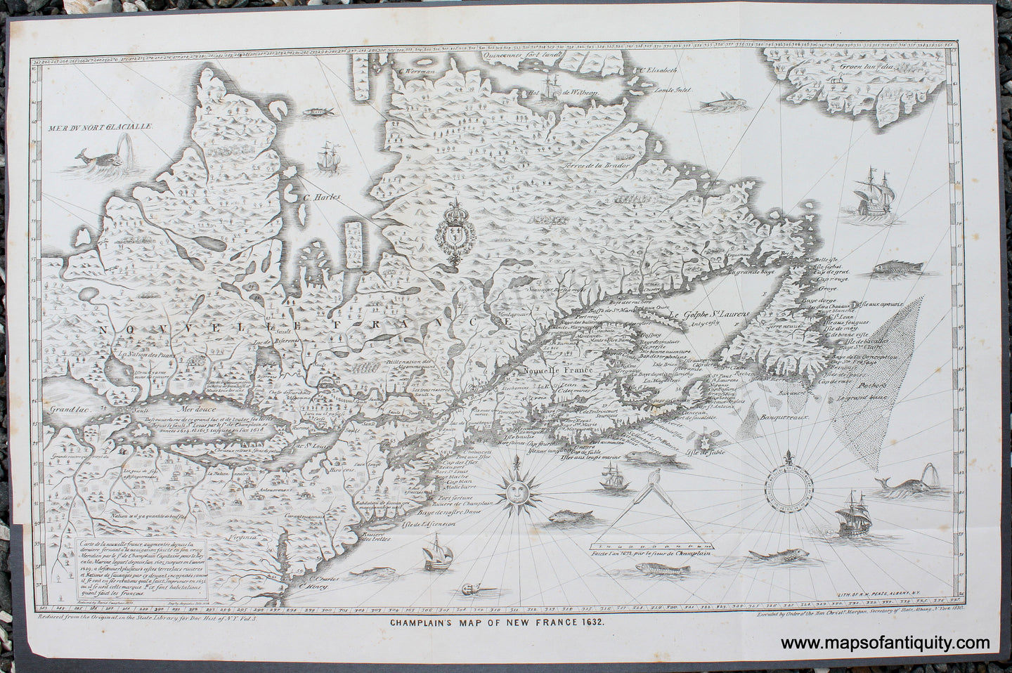 Black-and-White-Antique-Map-Champlain's-Map-of-New-France-1632.-North-America--1850-Pease-Maps-Of-Antiquity