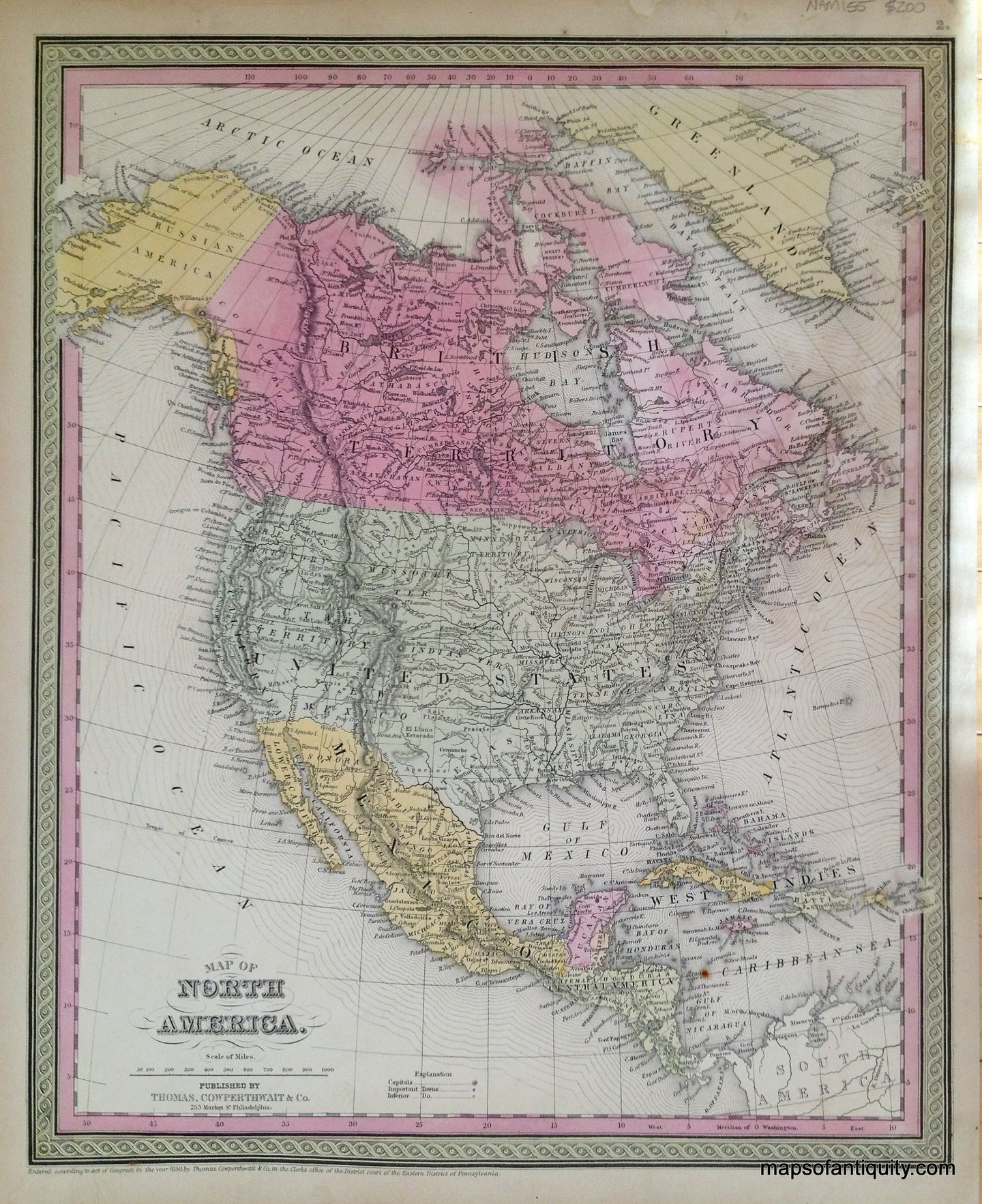 Antique-Hand-Colored-Map-Map-of-North-America.-North-America--c.-1850-Mitchell/Cowperthwait-Desilver-&-Butler-Maps-Of-Antiquity