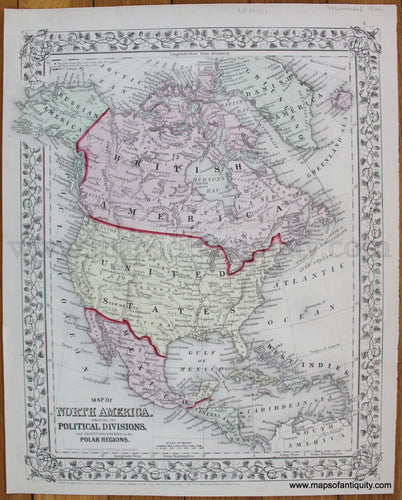 Map-of-North-America.-Showing-its-Political-Divisions-and-Recent-Discoveries-through-the-Polar-Regions.-Mitchell-antique-1866-1800s-19th-century