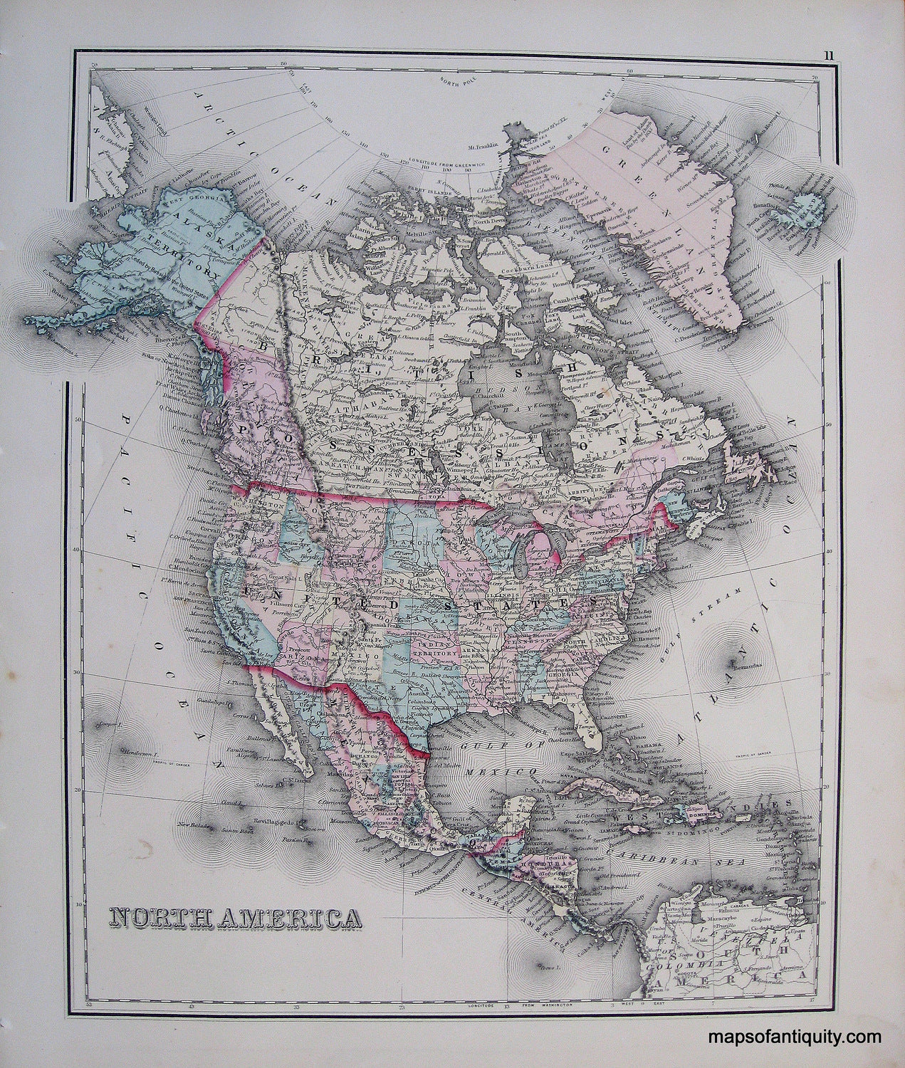 Antique-Hand-Colored-Map-North-America-South-America-North-America--1876-Gray-Maps-Of-Antiquity
