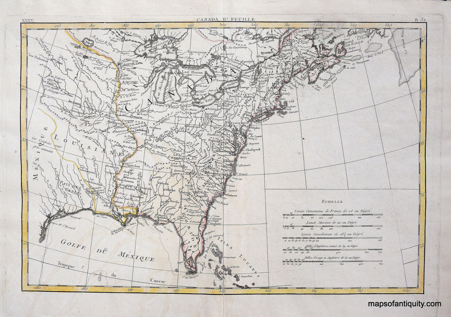 Antique-Hand-Colored-Map-Canada-Sheet-**********-North-America-North-America-General-1785-Bonne-Maps-Of-Antiquity