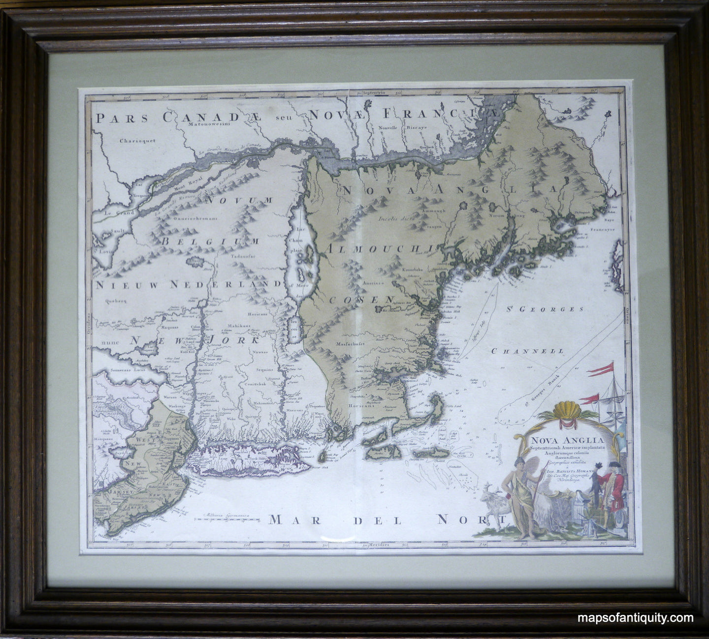 Framed-Antique-Map-Nova-Anglia-New-England-*****UNAVAILABLE*****-North-America-Northeast-c.-1720-Homann-Maps-Of-Antiquity