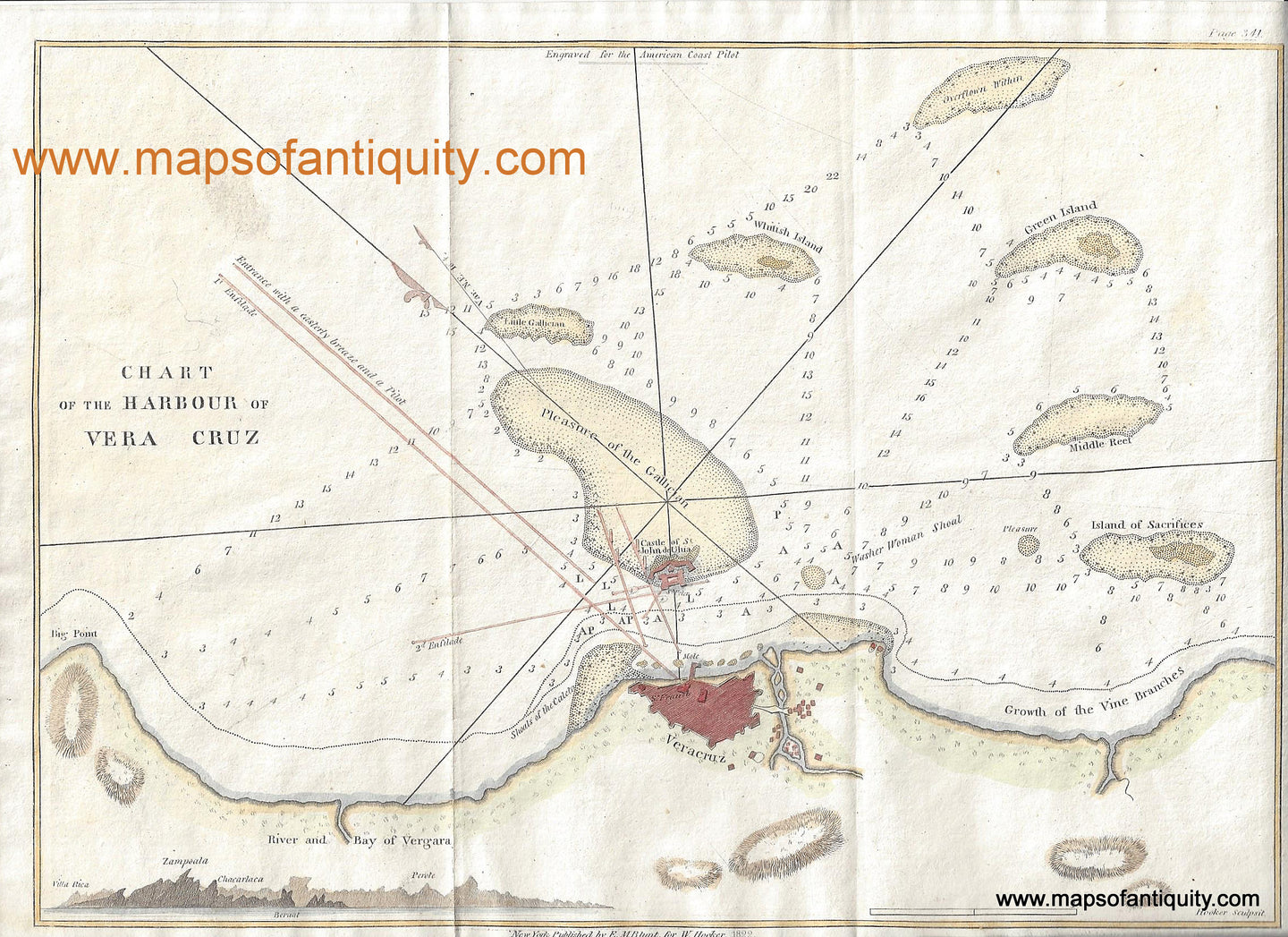 Antique-Hand-Colored-Chart-Chart-of-the-Harbour-of-Vera-Cruz-North-America-Mexico-1822-Blunt-Maps-Of-Antiquity