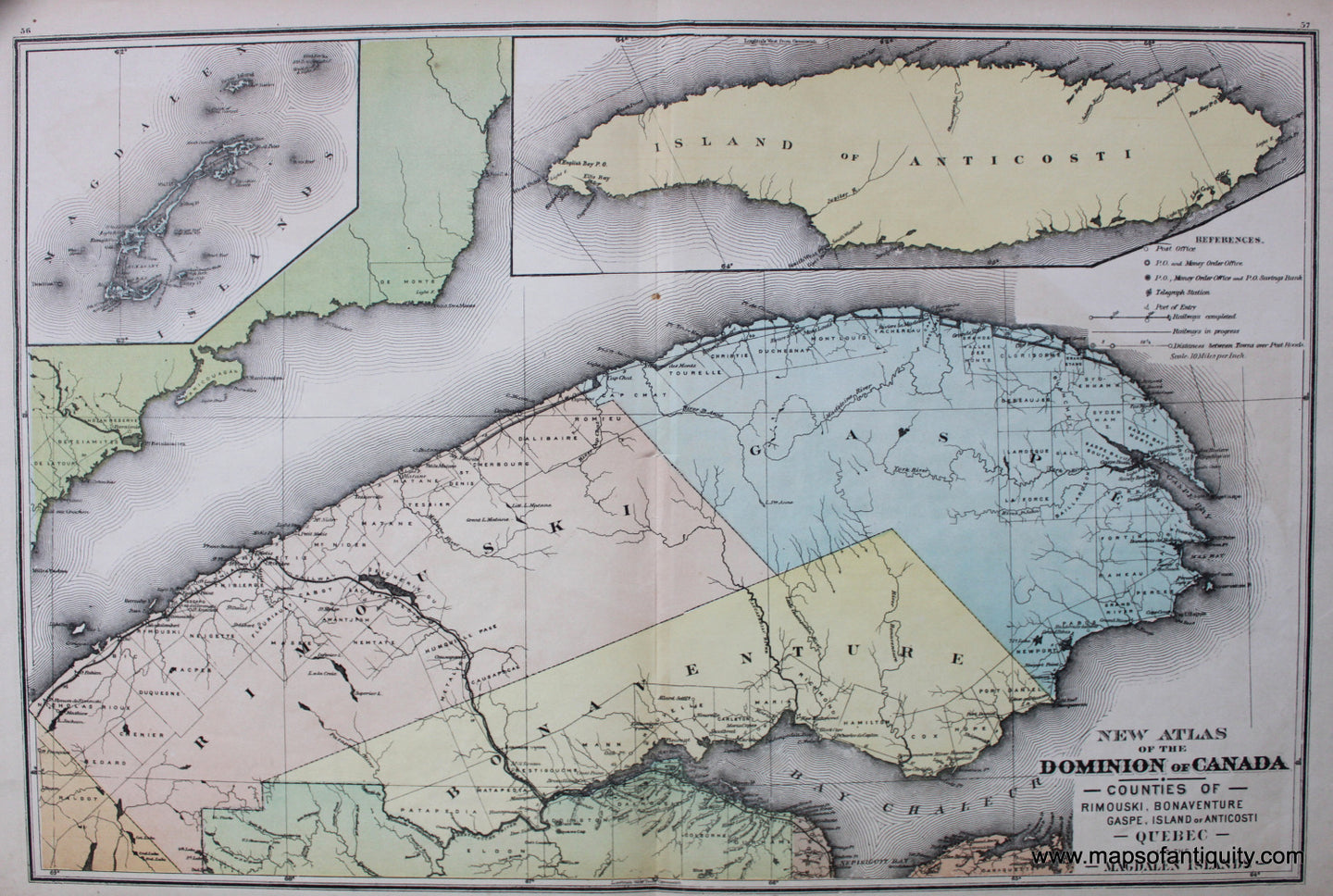 Antique-Printed-Color-Map-New-Atlas-of-The-Dominion-of-Canada-Counties-of-Quebec-Also-The-Magdalen-Islands-North-America-Canada-1881-Belden-Maps-Of-Antiquity