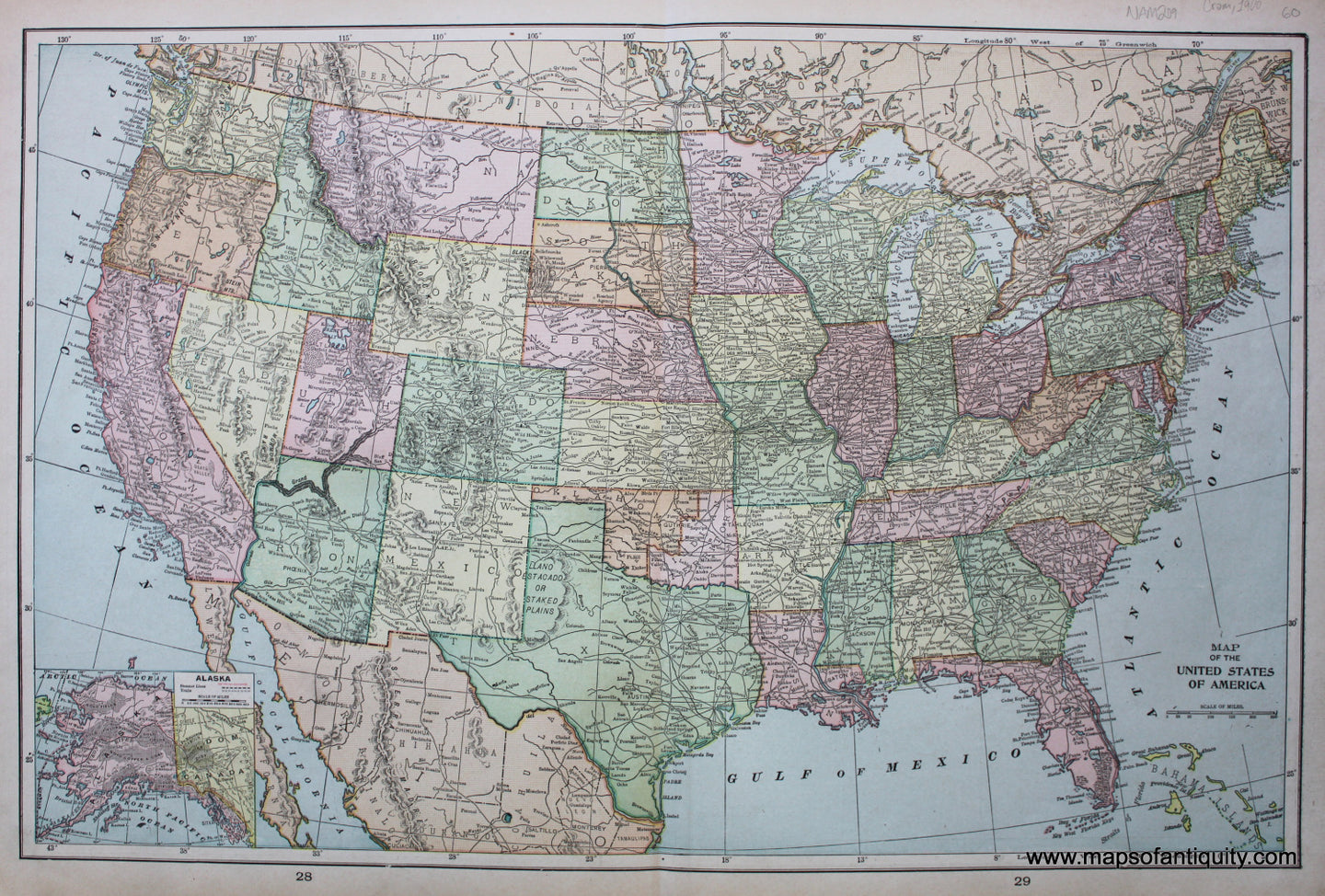 Antique-Printed-Color-Map-Map-of-The-United-States-of-America-verso:-British-Columbia-and-Maine-North-America-Canada-North-America-General-Maine-1900-Cram-Maps-Of-Antiquity
