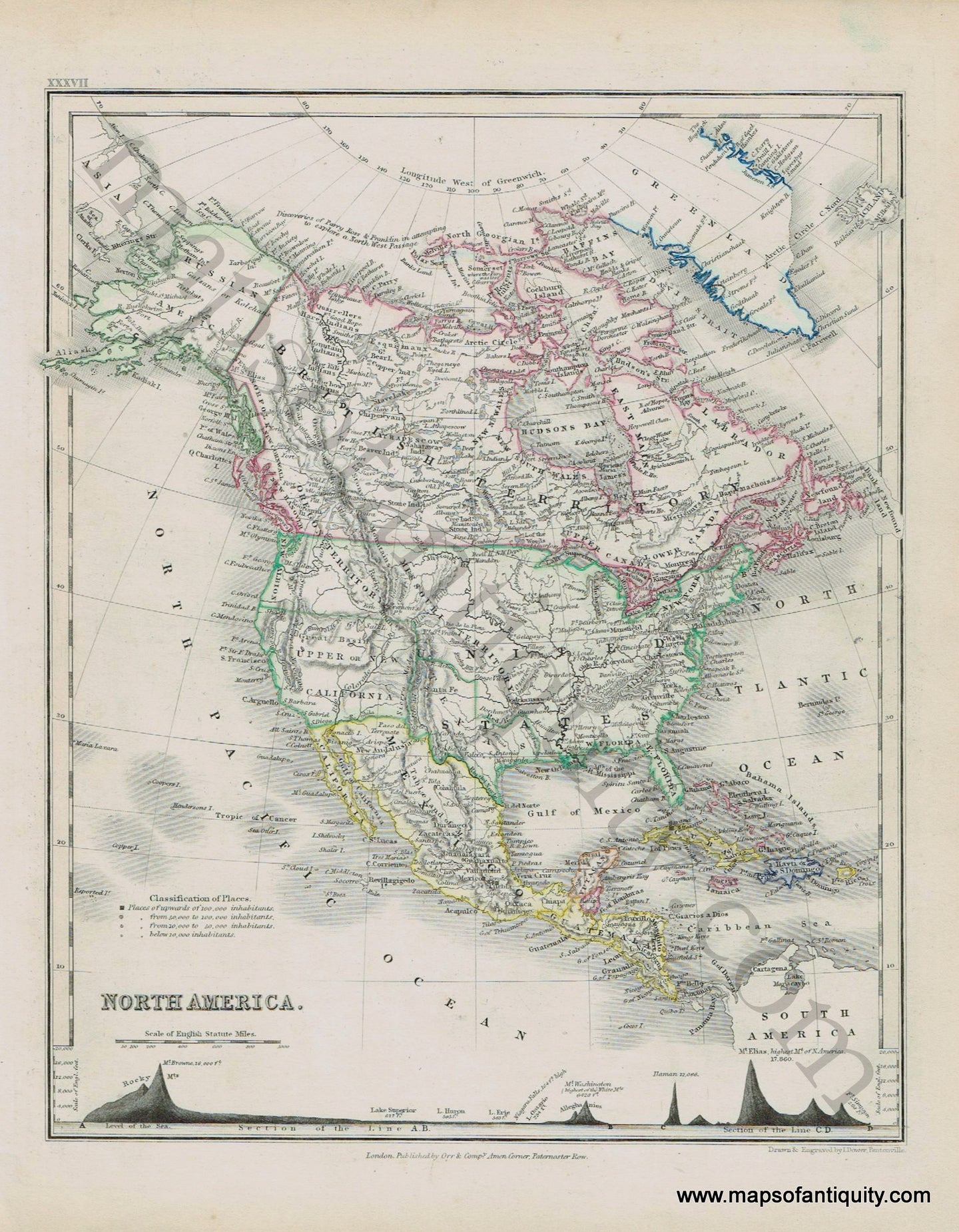 Antique-Map-North-America-Canada-United-States-Mexico-Central-America-California-Texas-Dower-Orr-1849-1840s-1800s-19th-century-Maps-of-Antiquity