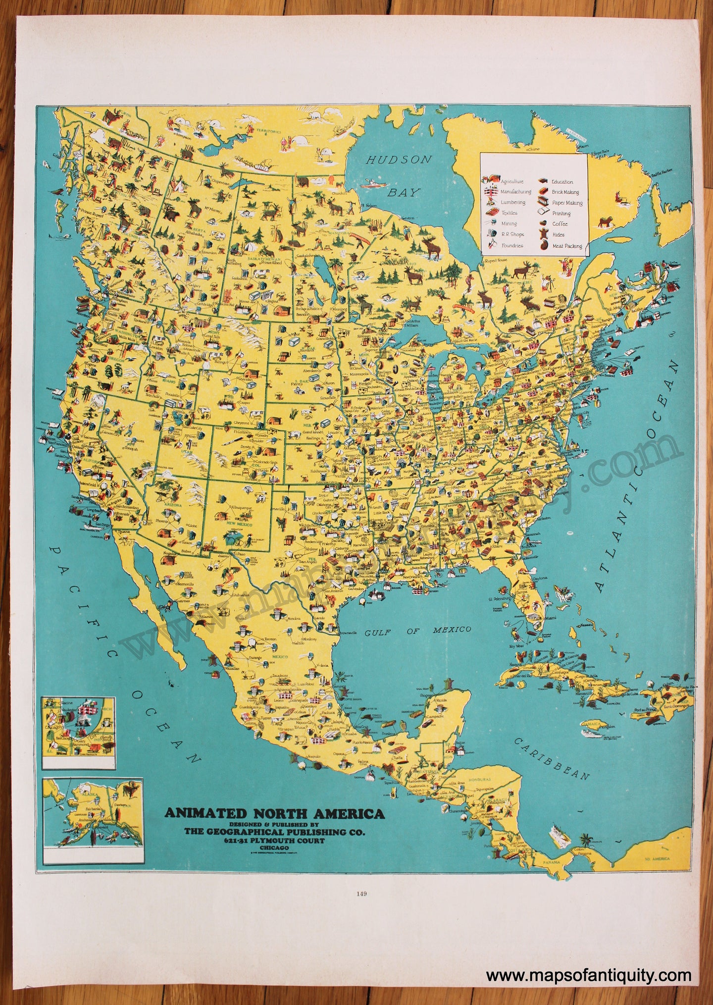 Printed-Color-Antique-Pictorial-Map-Animated-North-America-1944-The-Geographical-Publishing-Co.-1800s-19th-century-Maps-of-Antiquity