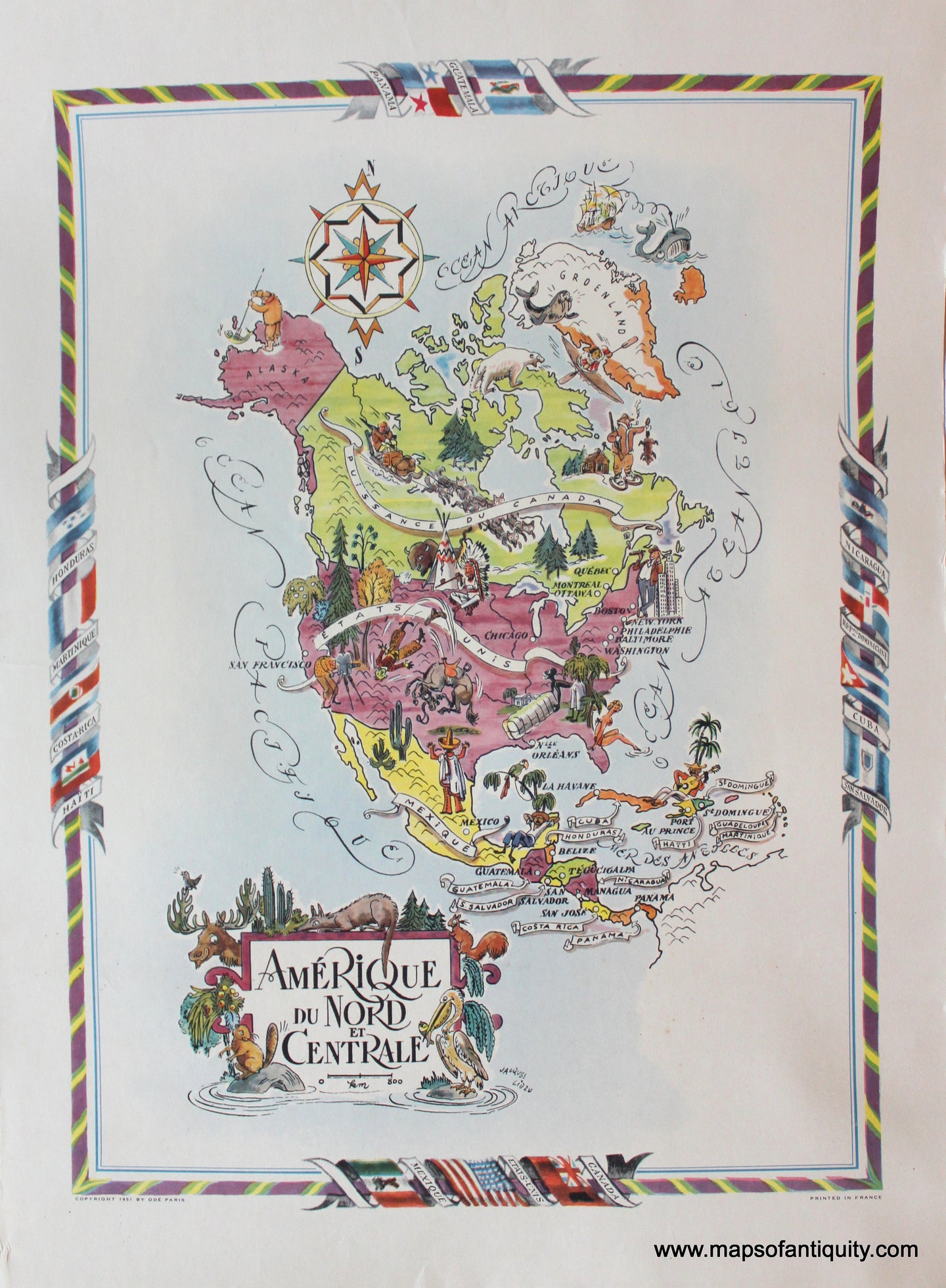Antique-Printed-Color-Pictorial-Map-Amerique-du-Nord-et-Centrale-1951-Jacques-Liozu-1900s-20th-century-Maps-of-Antiquity