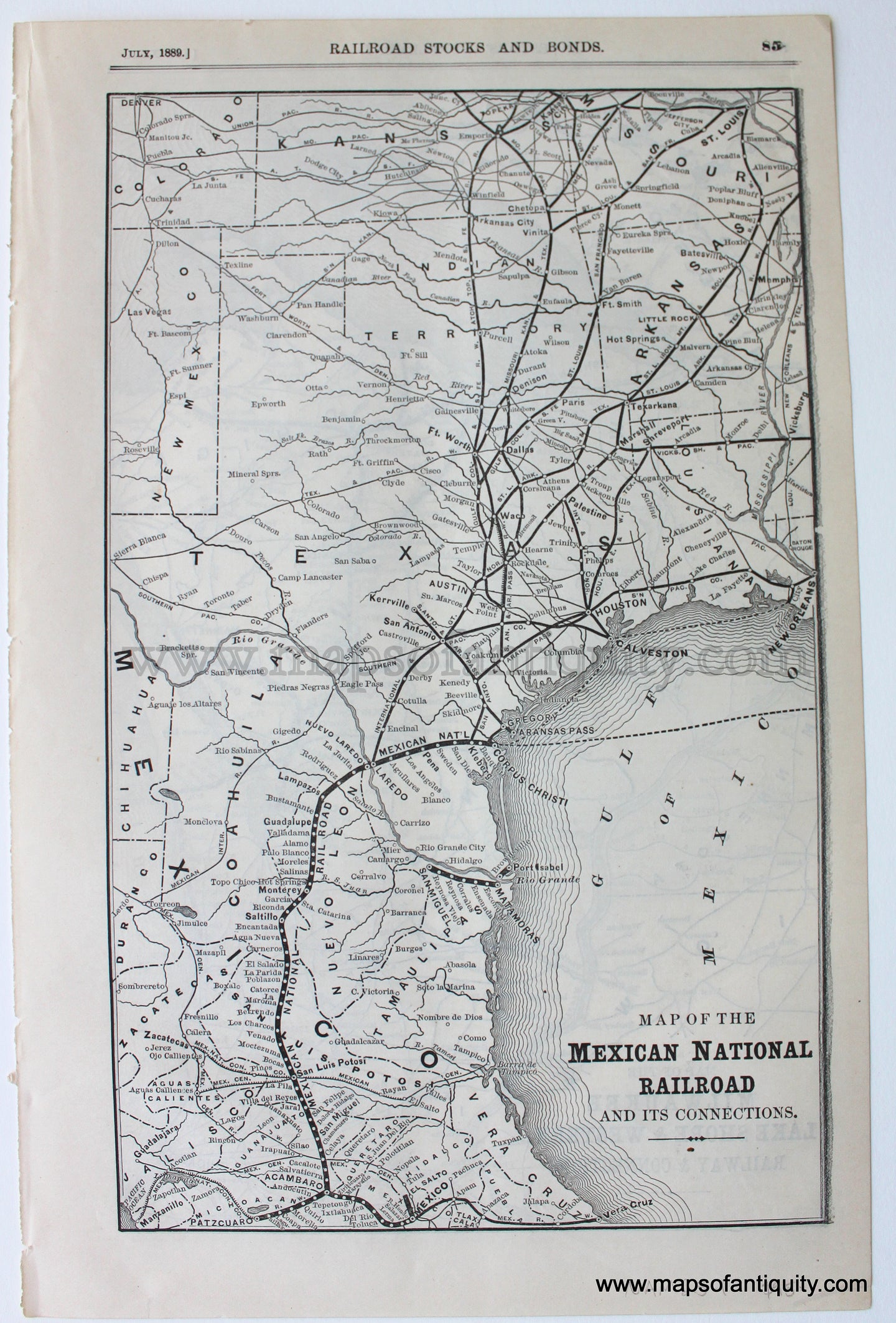 Antique-Uncolored-Railroad-Map-Map-of-the-Mexican-National-Railroad-and-its-Connections-verso:-Map-of-the-Milwaukee-Lake-Shore-&-Western-Railway-&-Connections-1889-Railroad-Stock-and-Bonds-Magazine-Midwest-1800s-19th-century-Maps-of-Antiquity