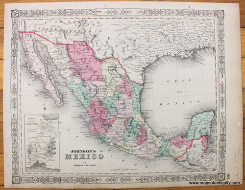 Antique-Hand-Colored-Map-Johnson's-Mexico-1864-Johnson-and-Browning-Mexico-1800s-19th-century-Maps-of-Antiquity