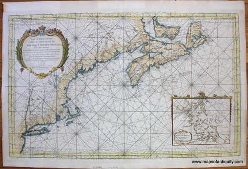 Antique-Hand-Colored-Map-Carte-Reduite-des-Costes-Orientales-de-l'Amerique-Septentrionale-North-America--1757-Bellin-Maps-Of-Antiquity-1700s-18th-century
