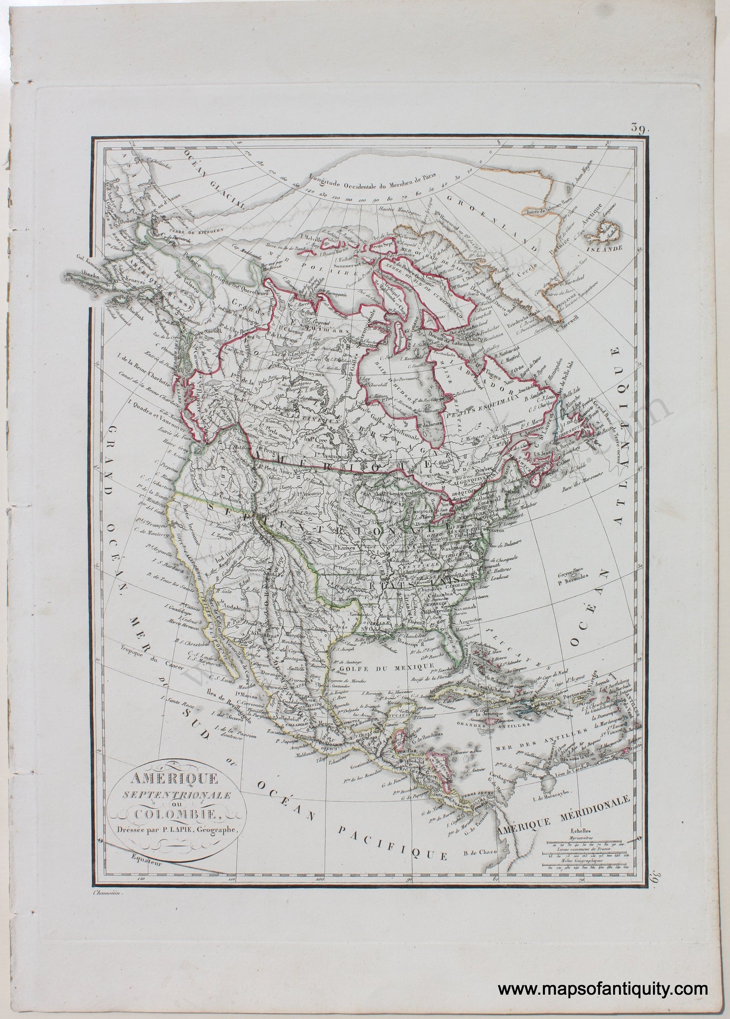 Antique-Hand-Colored-Map-Amerique-Septentrionale-ou-Colombie-North-America--1824-Lapie-Maps-Of-Antiquity-1800s-19th-century