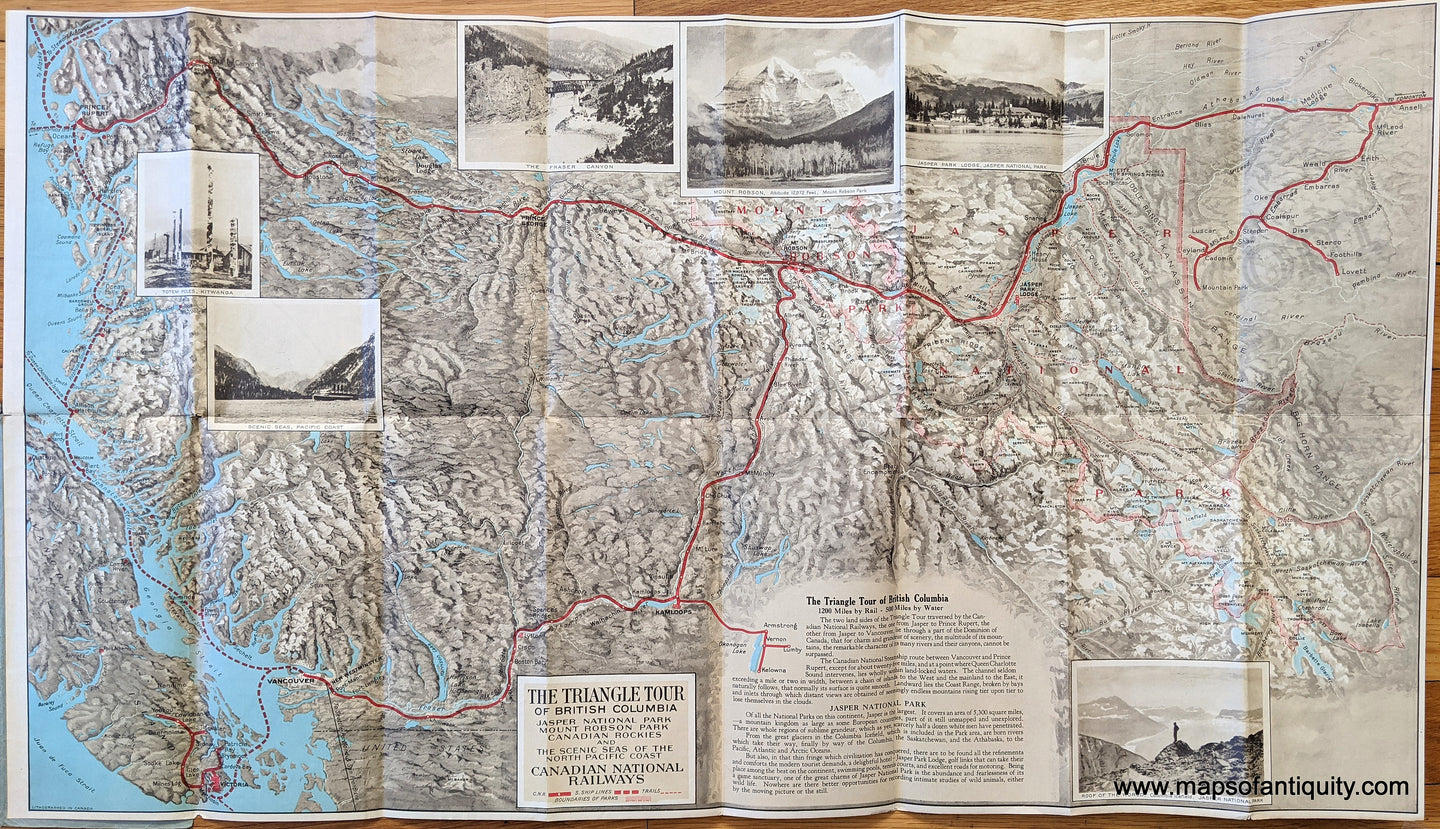 Genuine-Antique-Folding-Map-Triangle-Tour-of-British-Columbia-including-Jasper-National-Park-Mount-Robson-Park-Canadian-Rockies-and-the-Scenic-Seas-of-the-North-Pacific-Coast-/-Map-of-Alaska-and-the-Yukon-North-America--1927-Canadian-National-Railway-Maps-Of-Antiquity-1800s-19th-century