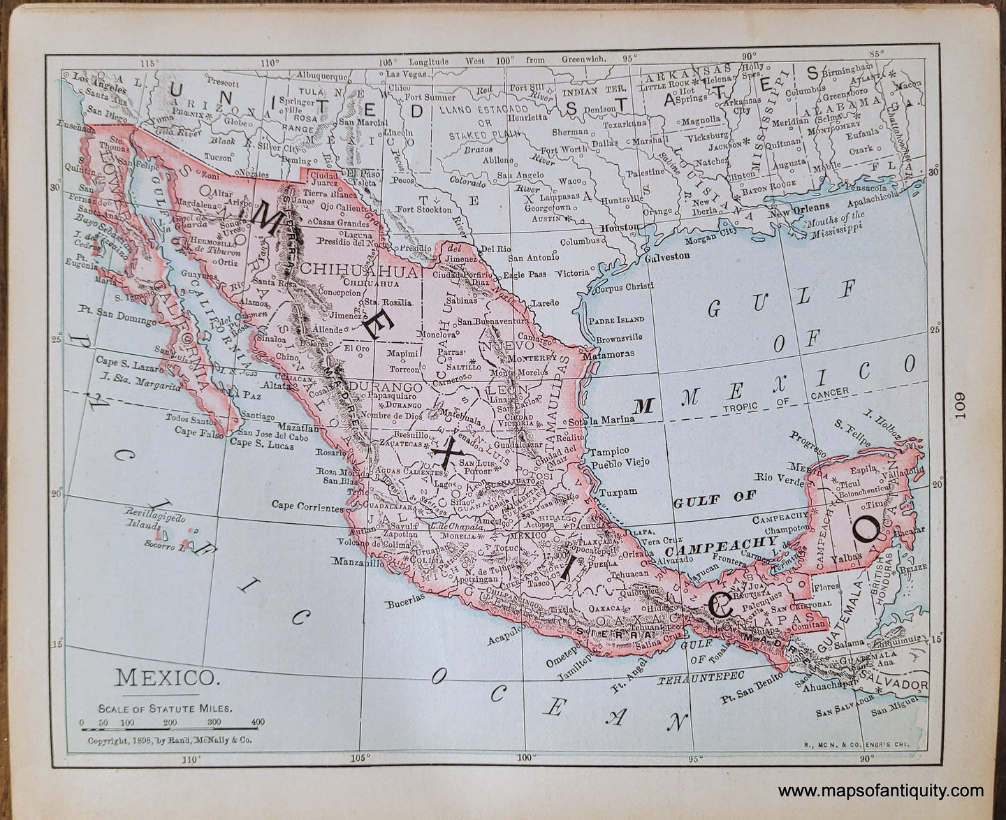 Genuine-Antique-Map-Mexico-1900-Rand-McNally-Maps-Of-Antiquity